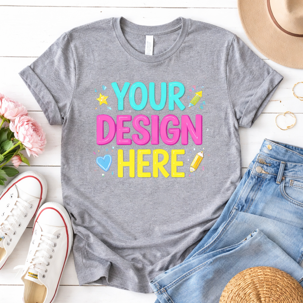 Gray custom t-shirt mockup with ‘Your Design Here’ text, shown flat lay with jeans and sneakers