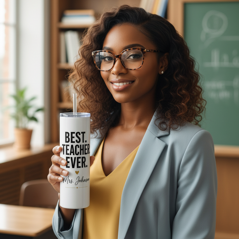 Personalized Best Teacher Ever white 20oz skinny tumbler held by teacher in classroom — custom teacher appreciation gift by Sugar and Stitch Designs