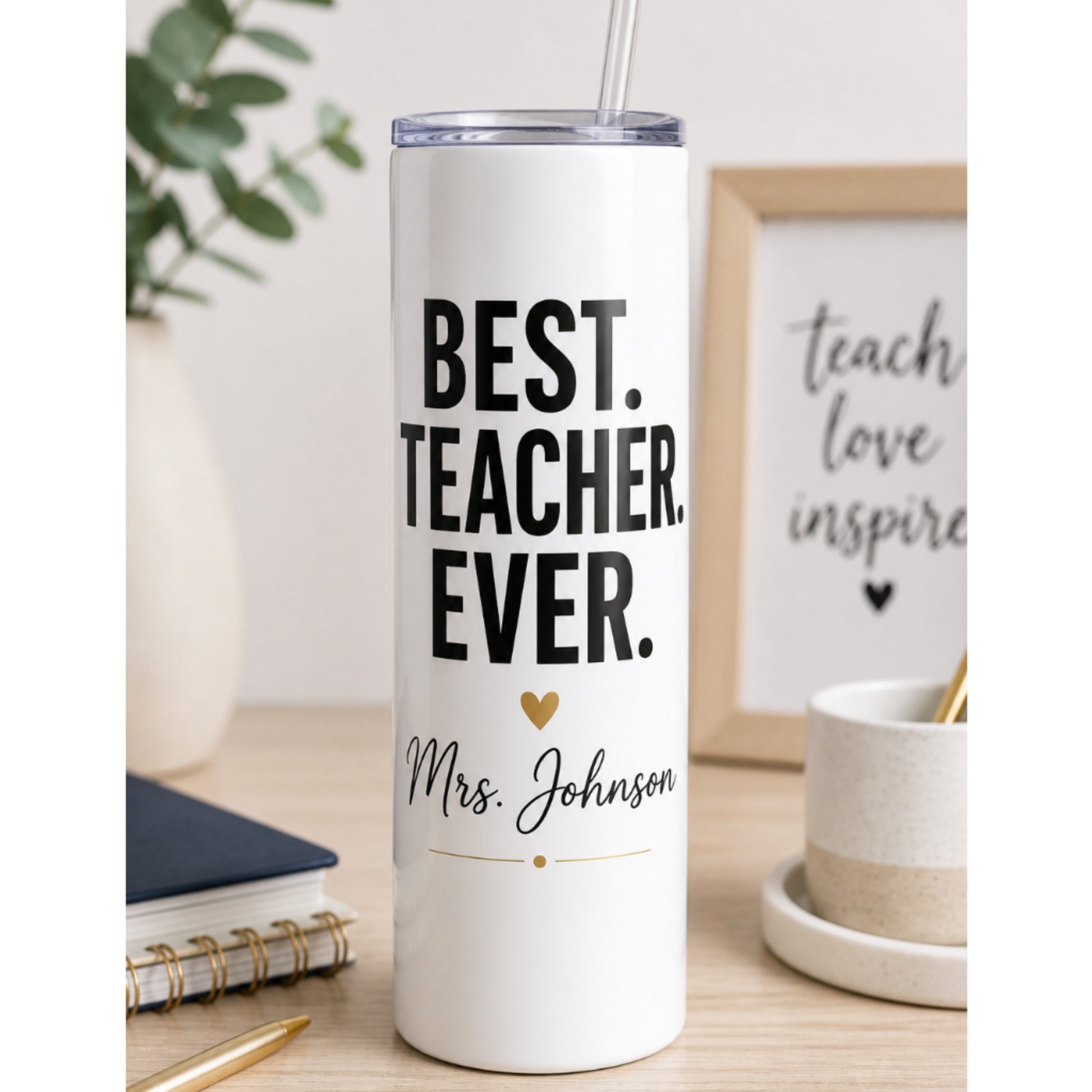 Personalized Best Teacher Ever white 20oz skinny tumbler with teacher name Mrs. Johnson — custom teacher appreciation gift by Sugar and Stitch Designs