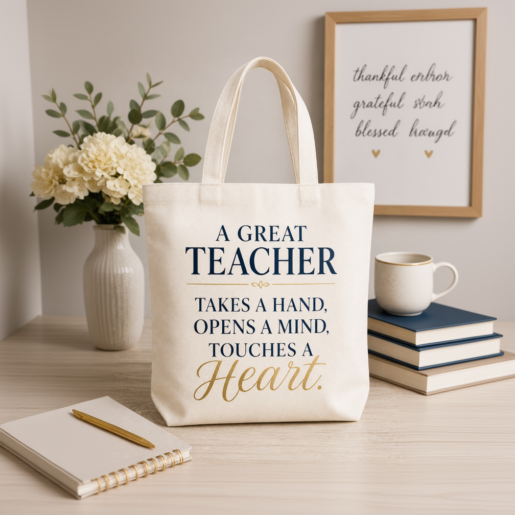 A Great Teacher Takes a Hand Opens a Mind Touches a Heart navy and gold canvas tote bag — elegant teacher appreciation gift by Sugar and Stitch Designs

