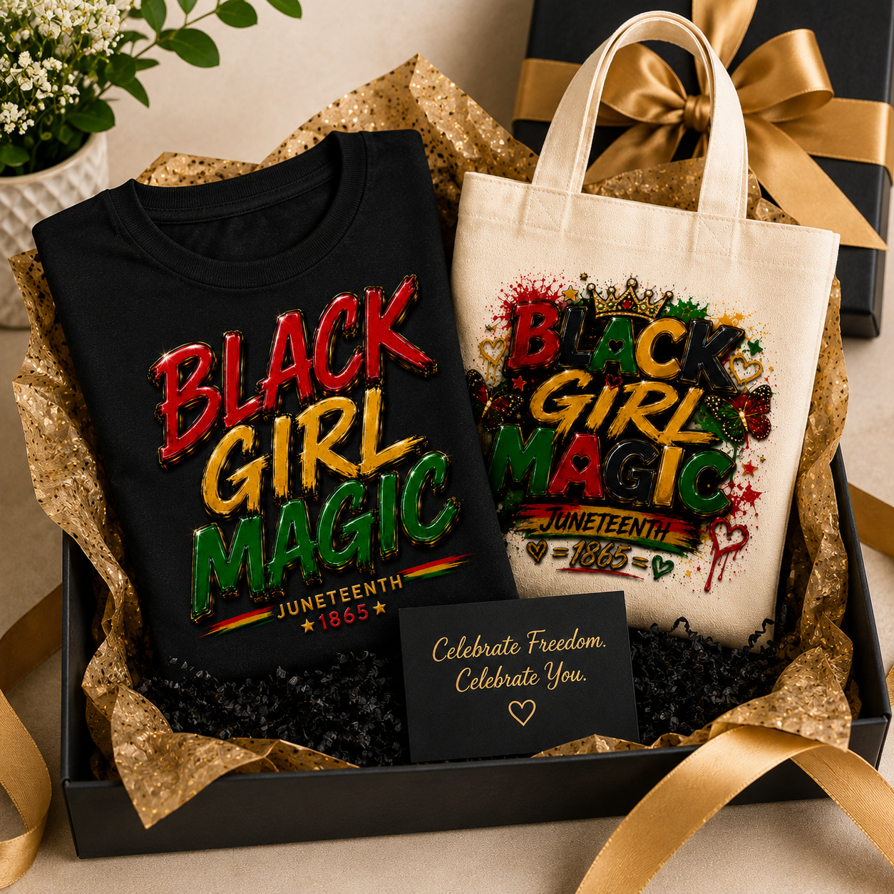Black Girl Magic Bundle — Tee + Tote | Juneteenth Gift Set | Black History Gift | Pan-African Colors
