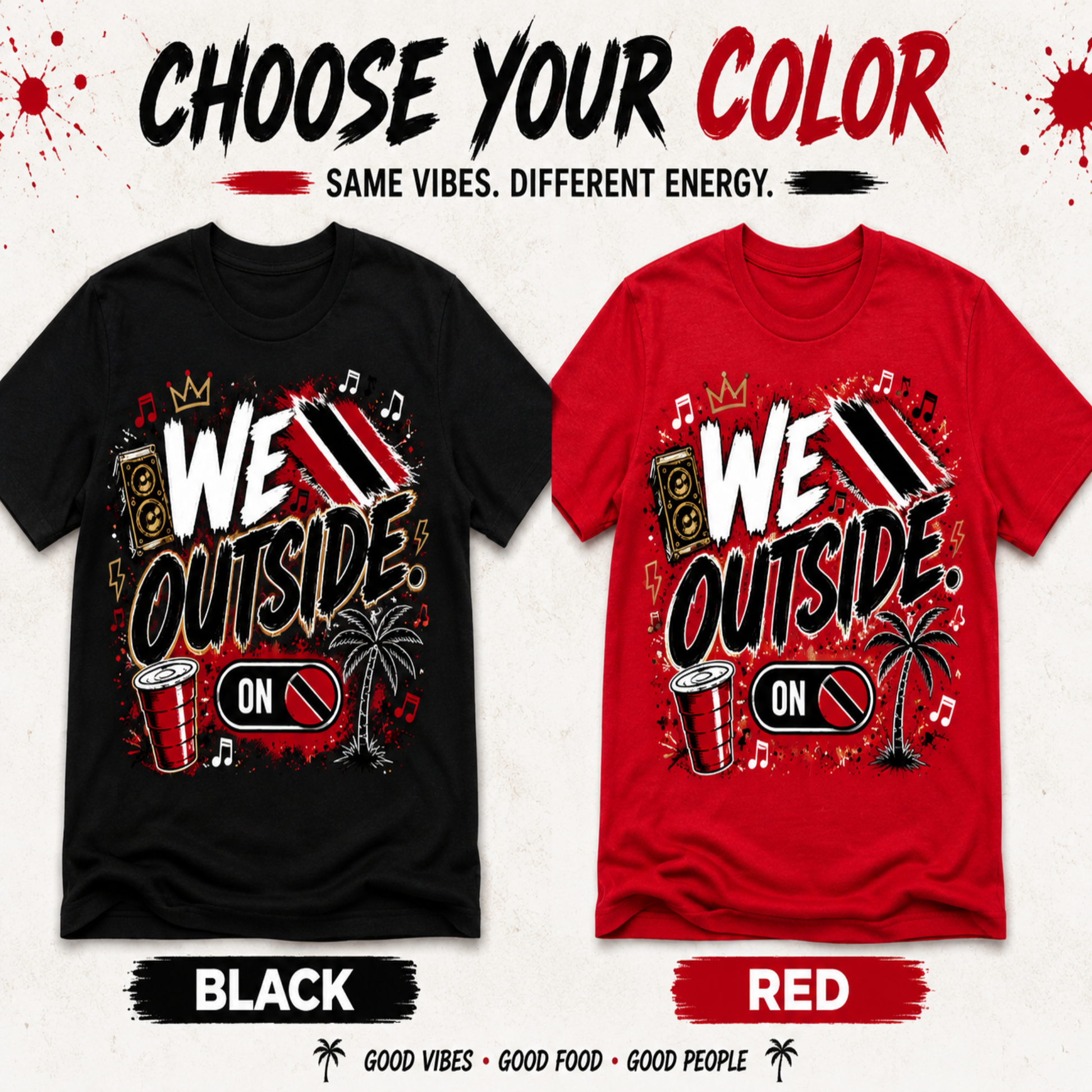 We Outside Trinidad tee color options showing black and red variants side by side