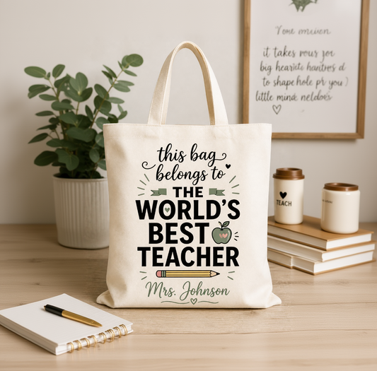 Personalized World's Best Teacher natural canvas tote bag with teacher name Mrs. Johnson — custom teacher appreciation gift by Sugar and Stitch Designs

