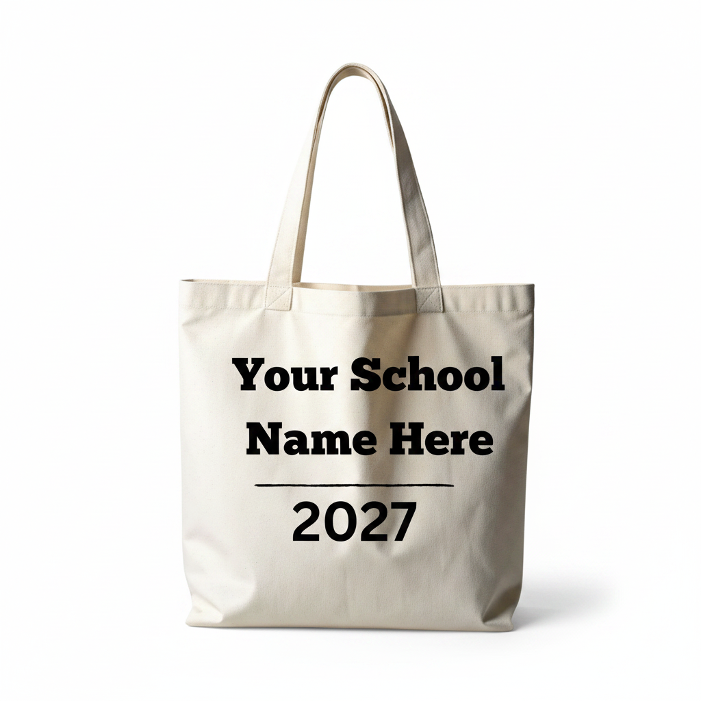 Custom Class of 2027 school spirit tote bag with personalized school name