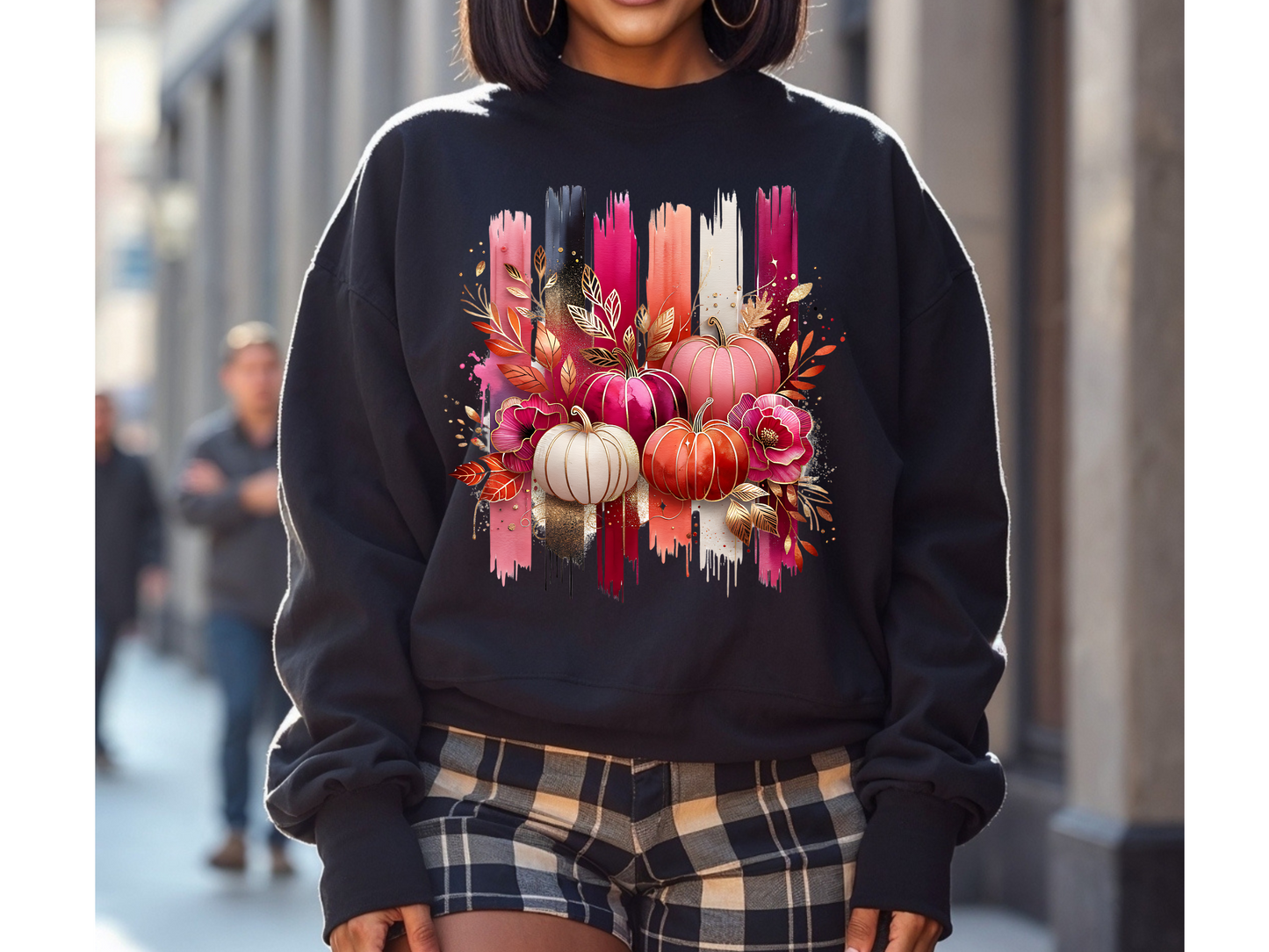 “Cozy Autumn Pumpkins sweatshirt – black fall crewneck with stacked pumpkins design”