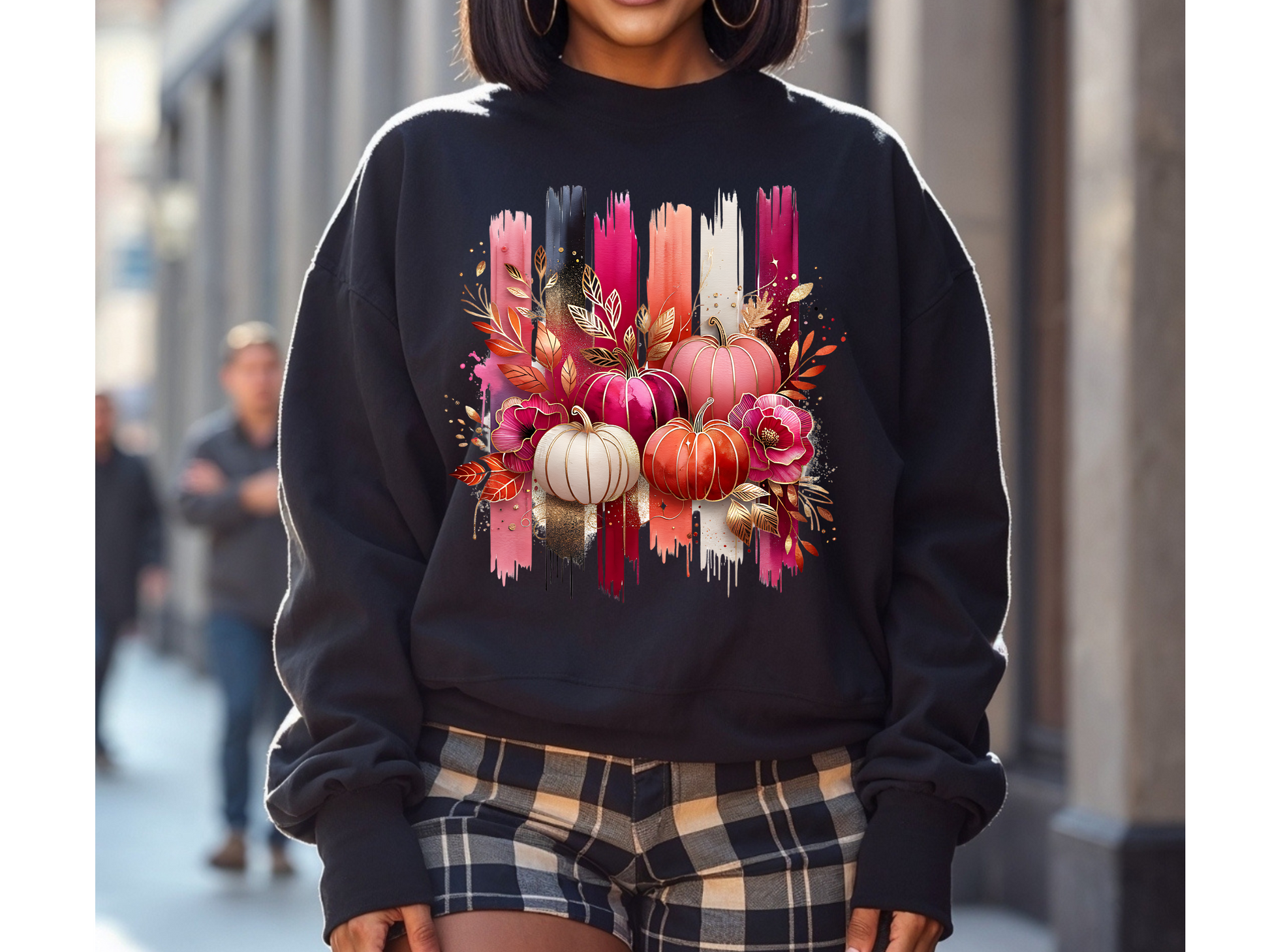 “Cozy Autumn Pumpkins sweatshirt – black fall crewneck with stacked pumpkins design”