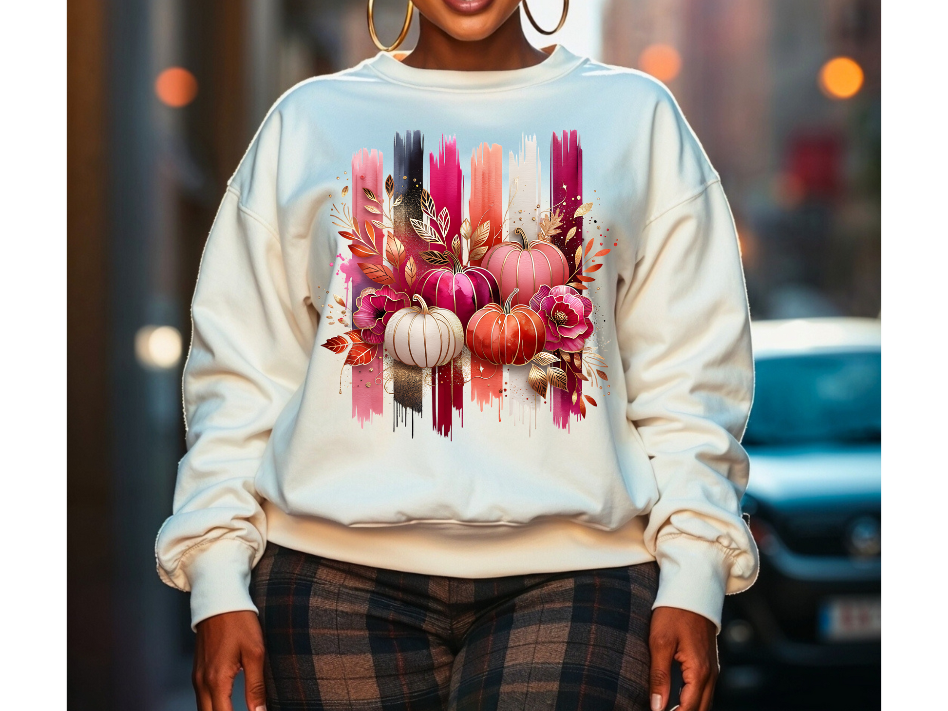 “Cozy Autumn Pumpkins sweatshirt – fall crewneck with vibrant pumpkins design on white”