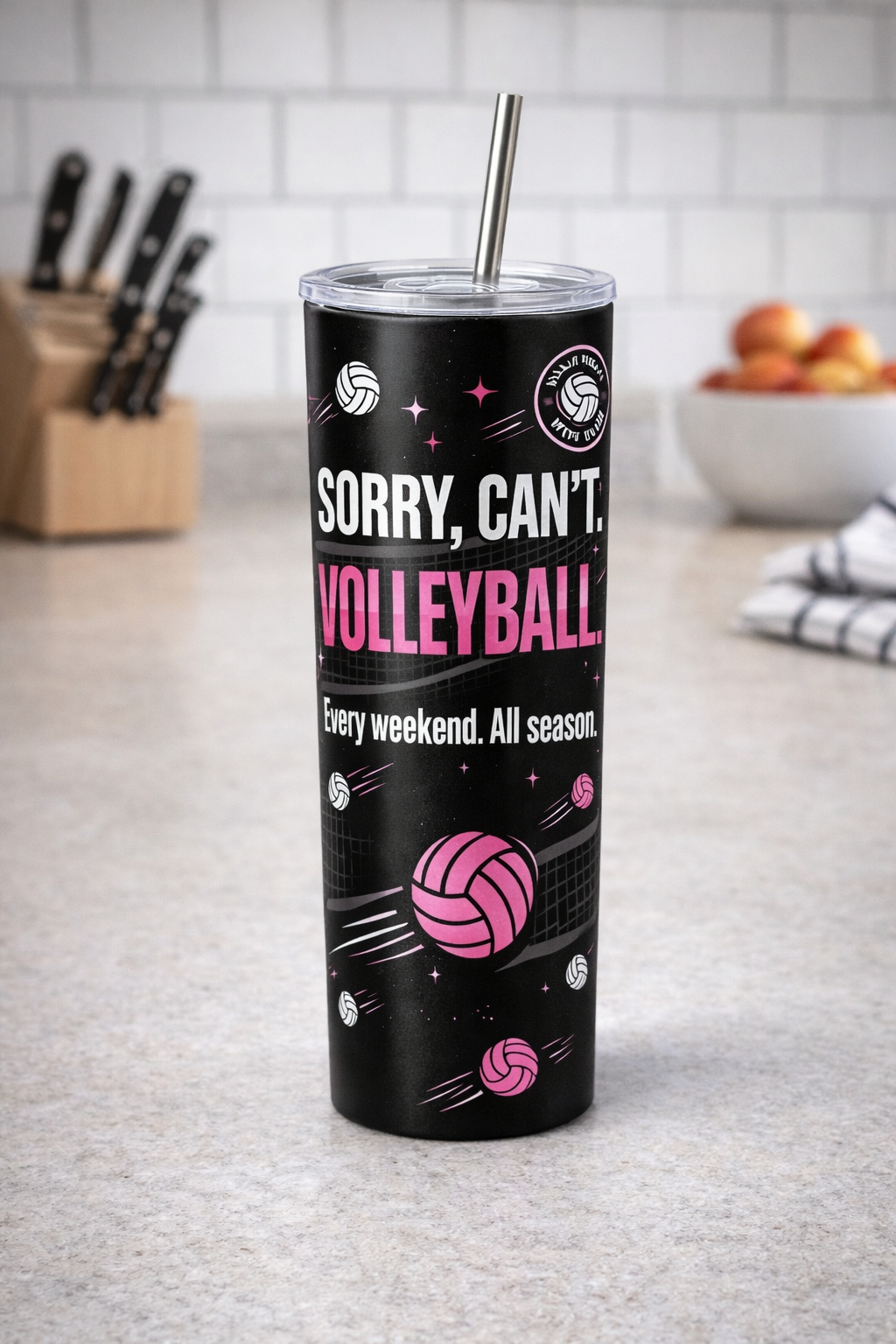 Volleyball Mom 20 oz Skinny Tumbler – Sorry Can’t Volleyball Travel Cup with Lid & Straw