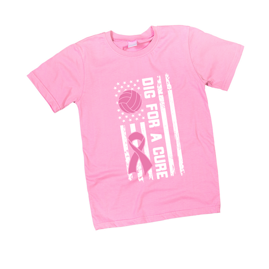 Pink “Dig for a Cure” volleyball awareness t-shirt with ribbon and flag design.