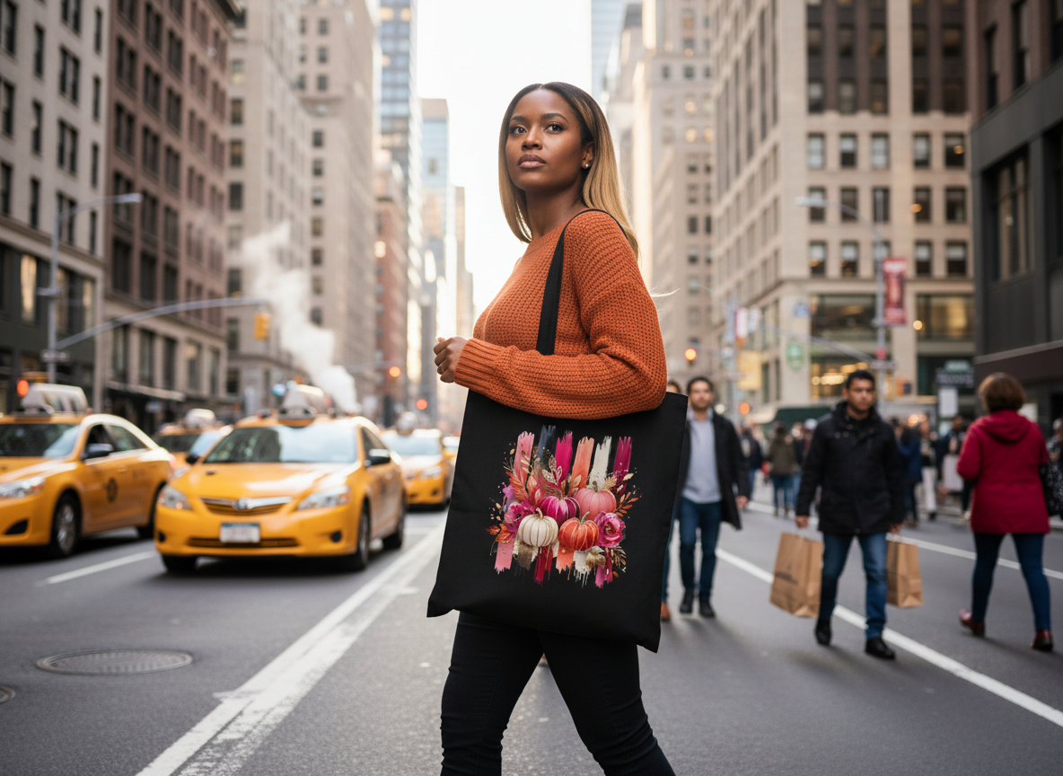 Woman holding a floral tote bag on a city street with taxis and pedestrians.