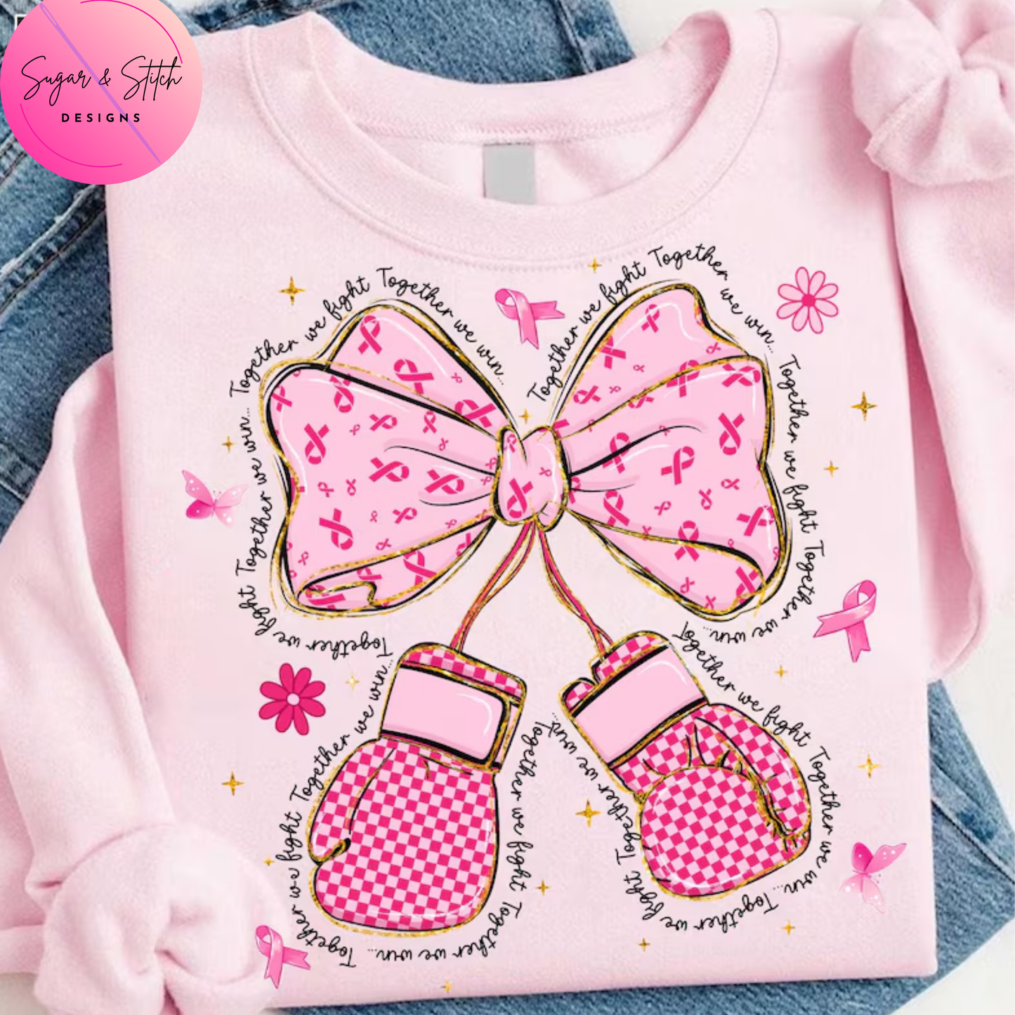 Pink Fight Together Breast Cancer Awareness T-Shirt with bow and boxing gloves design by Sugar & Stitch Designs