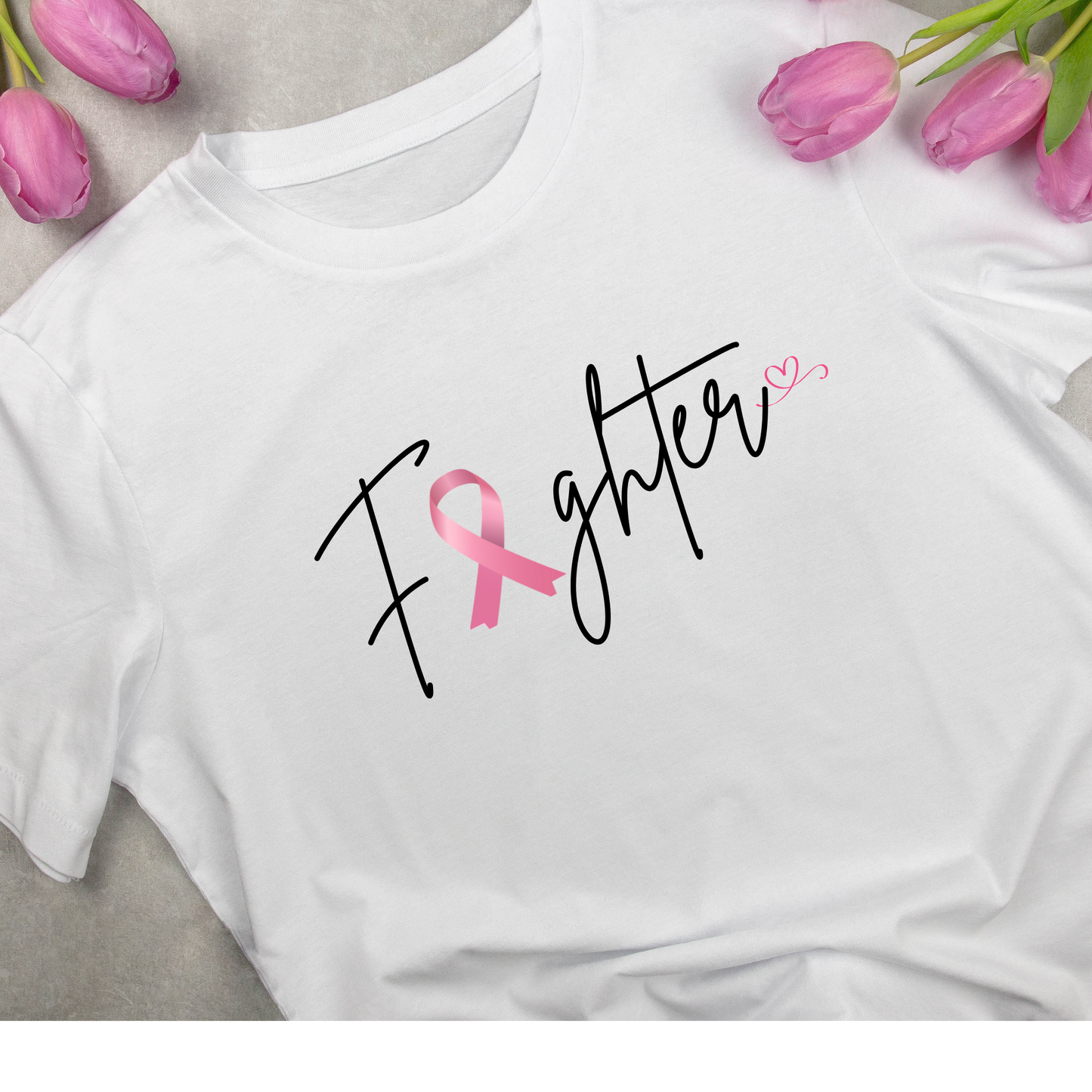 White Fighter T-Shirt with Pink Ribbon – Breast Cancer Awareness Design