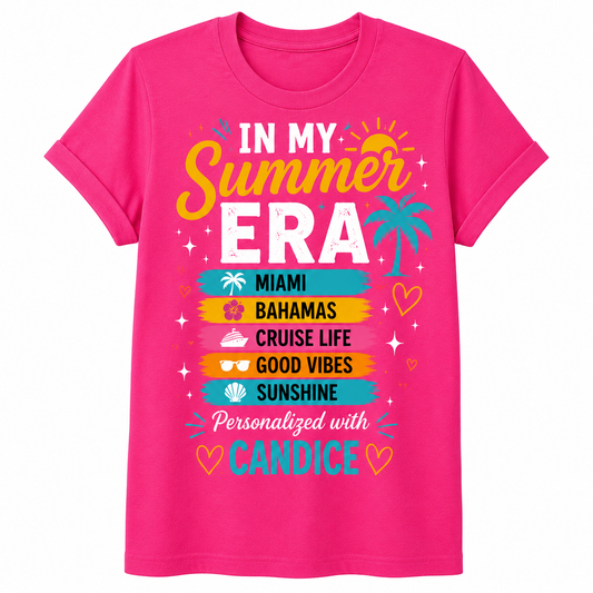 In My Summer Era custom cruise tee hot pink personalized vacation shirt Sugar and Stitch Designs