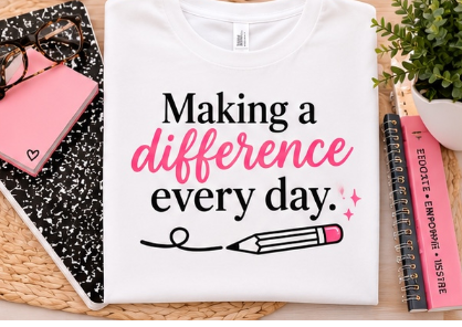 White teacher t-shirt with "Making a difference every day" graphic in black and pink with pencil illustration, folded flat lay