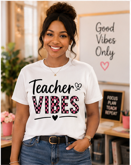 Teacher Vibes T-Shirt | Checkered Teacher Shirt | Trendy Teacher Tee