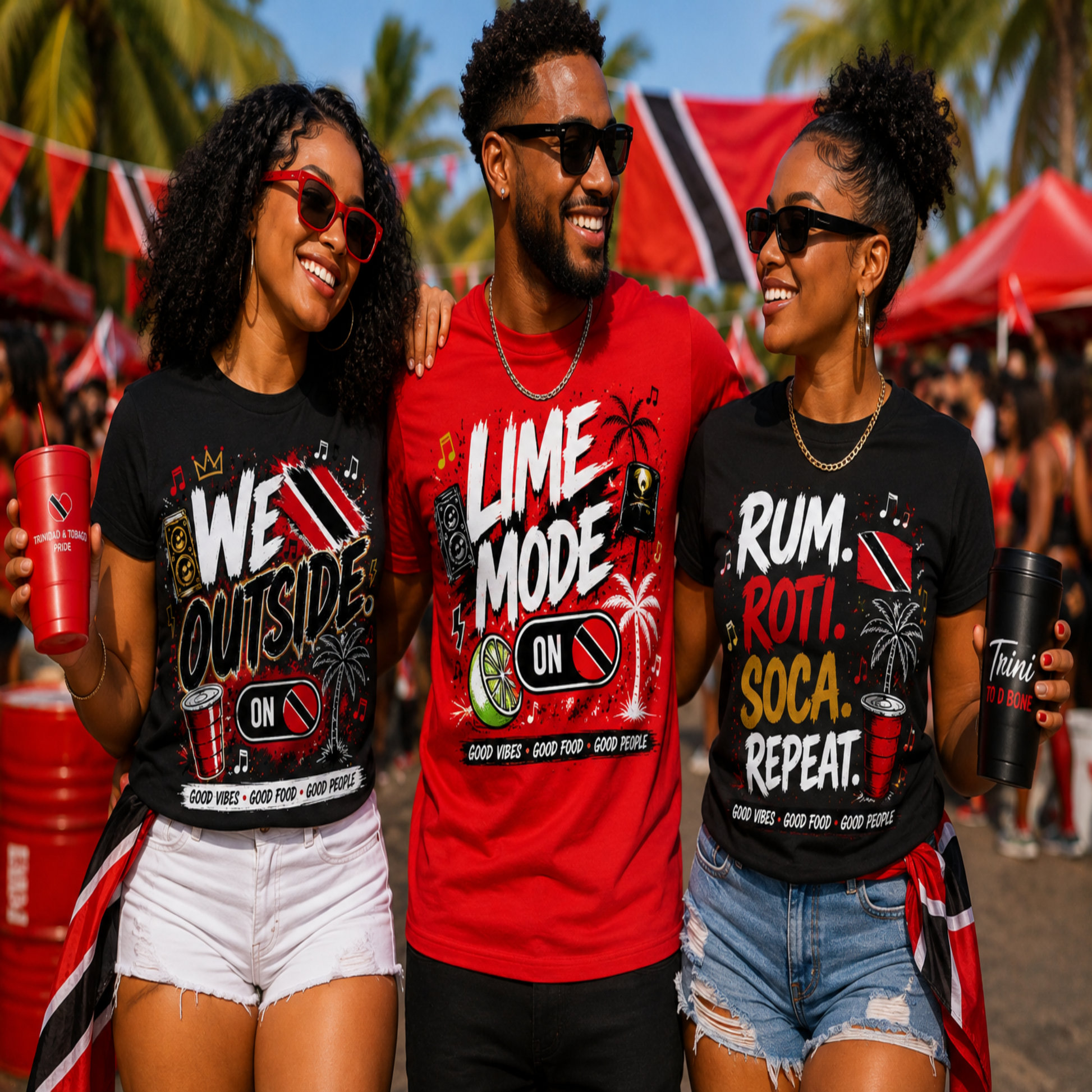 Woman in We Outside Trini pride tee at outdoor soca festival holding red cup with Trinidad flags in background
