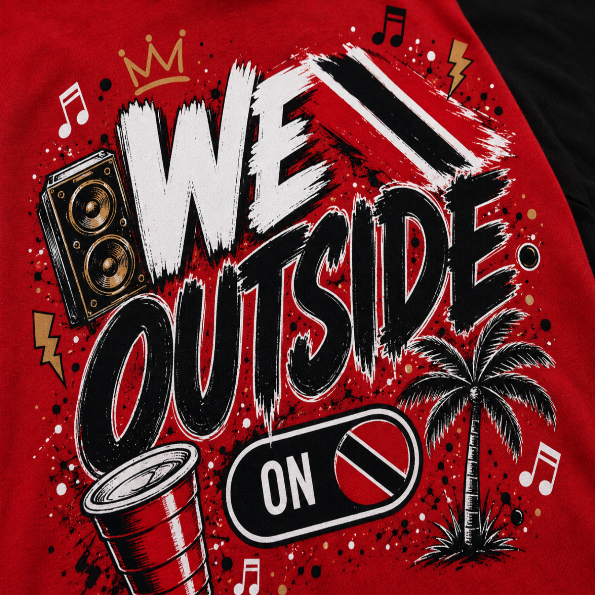 Close-up of We Outside Trinidad and Tobago graphic tee design with flag, palm trees, and Good Vibes Good Food Good People tagline