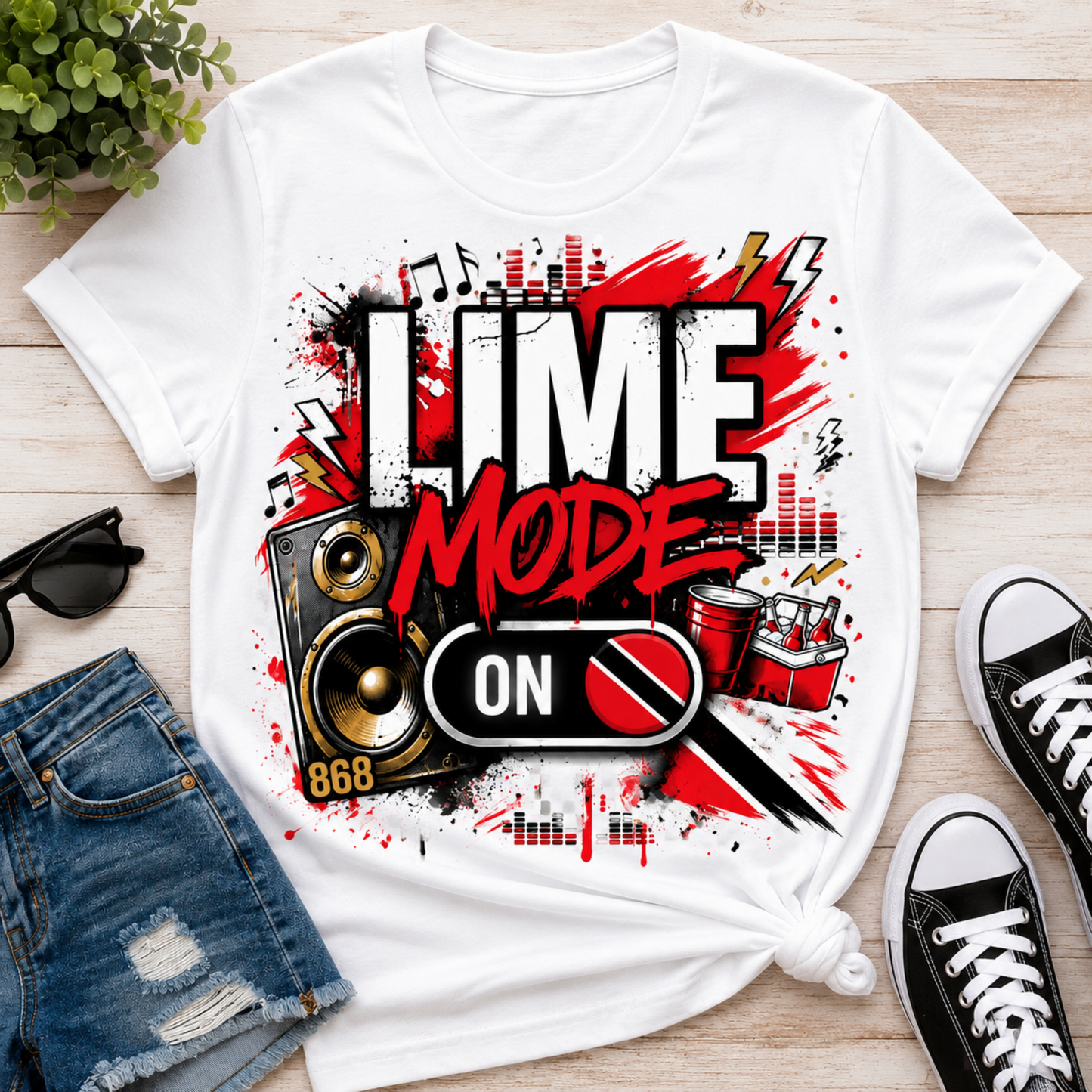 White Lime Mode ON Trinidad t-shirt flat lay with 868 soca graphic design