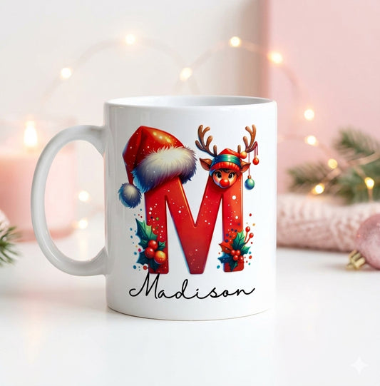 Christmas monogram mug with red festive letter M and name