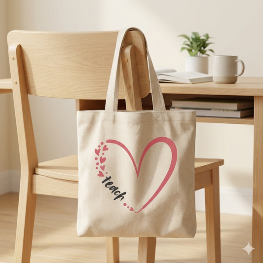 	Teacher Valentine canvas tote bag with blush heart and “teach” script