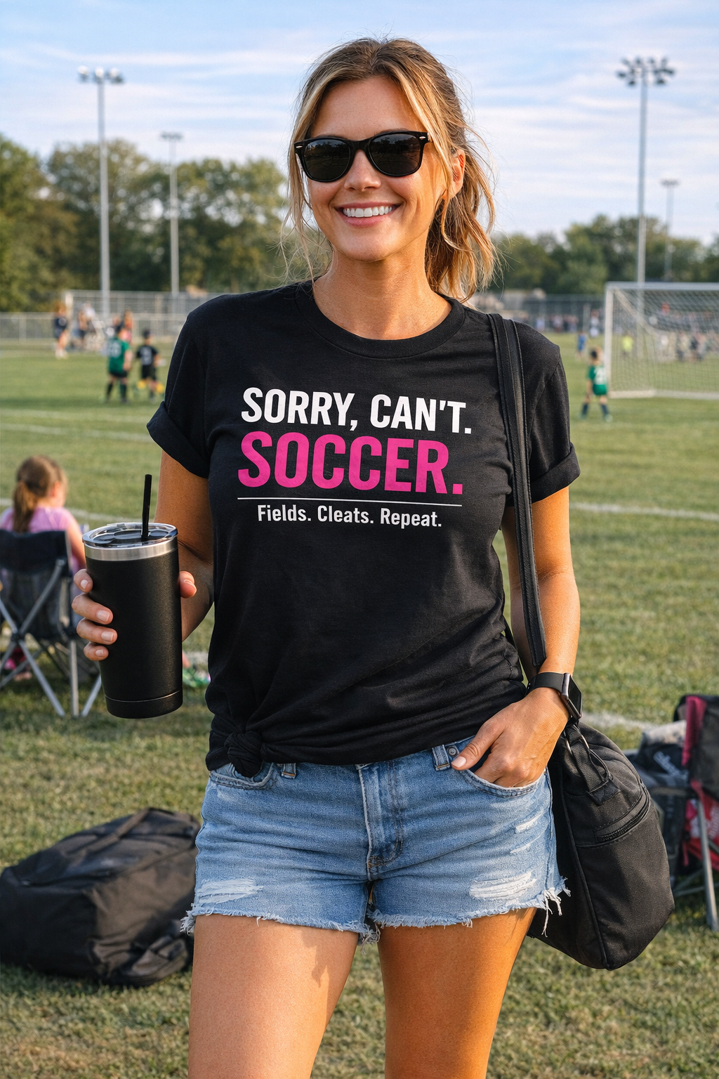 Sorry Can’t Soccer Shirt for Moms – Fields Cleats Repeat Graphic Tee