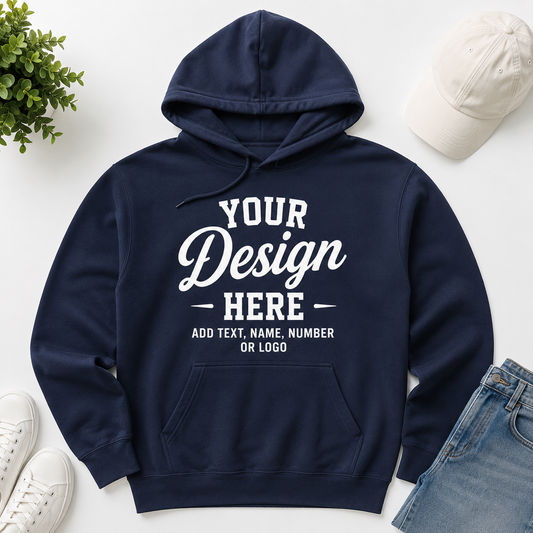 Custom personalized navy hoodie flat lay mockup with editable design area
