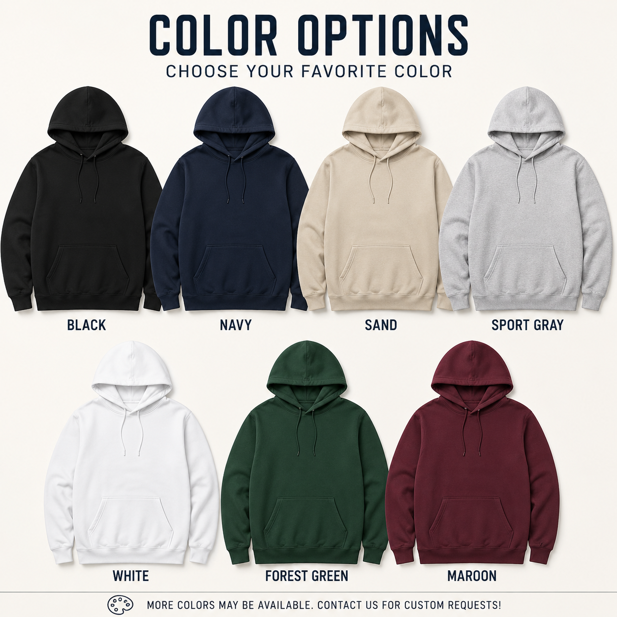 Available hoodie colors for custom personalized sweatshirt orders