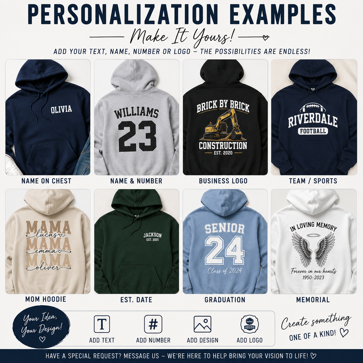 Personalized hoodie examples with names sports logos graduation and memorial designs