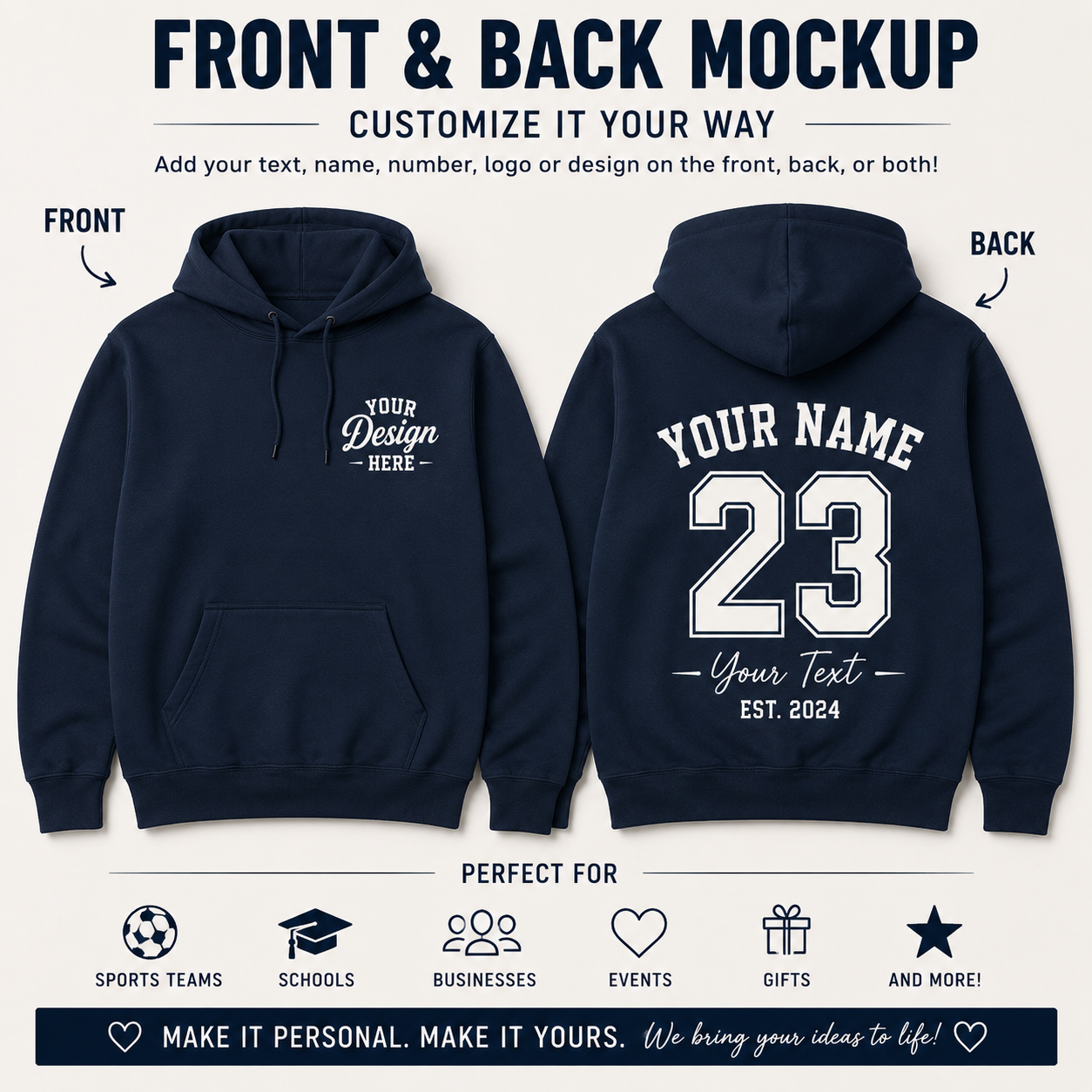 Front and back custom hoodie mockup with personalized name and number
