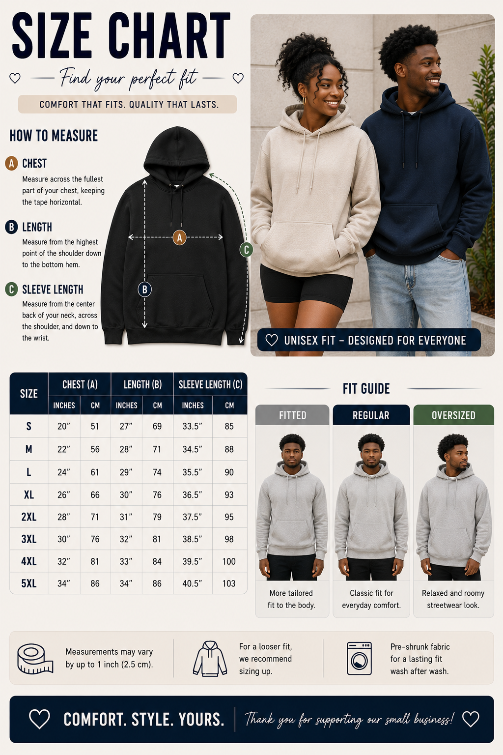 Unisex hoodie size chart with chest length and sleeve measurements