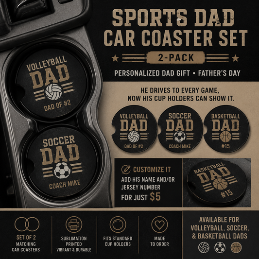 Sports Dad Car Coaster Set (2pk) | Personalized Dad Gift | Father's Day
