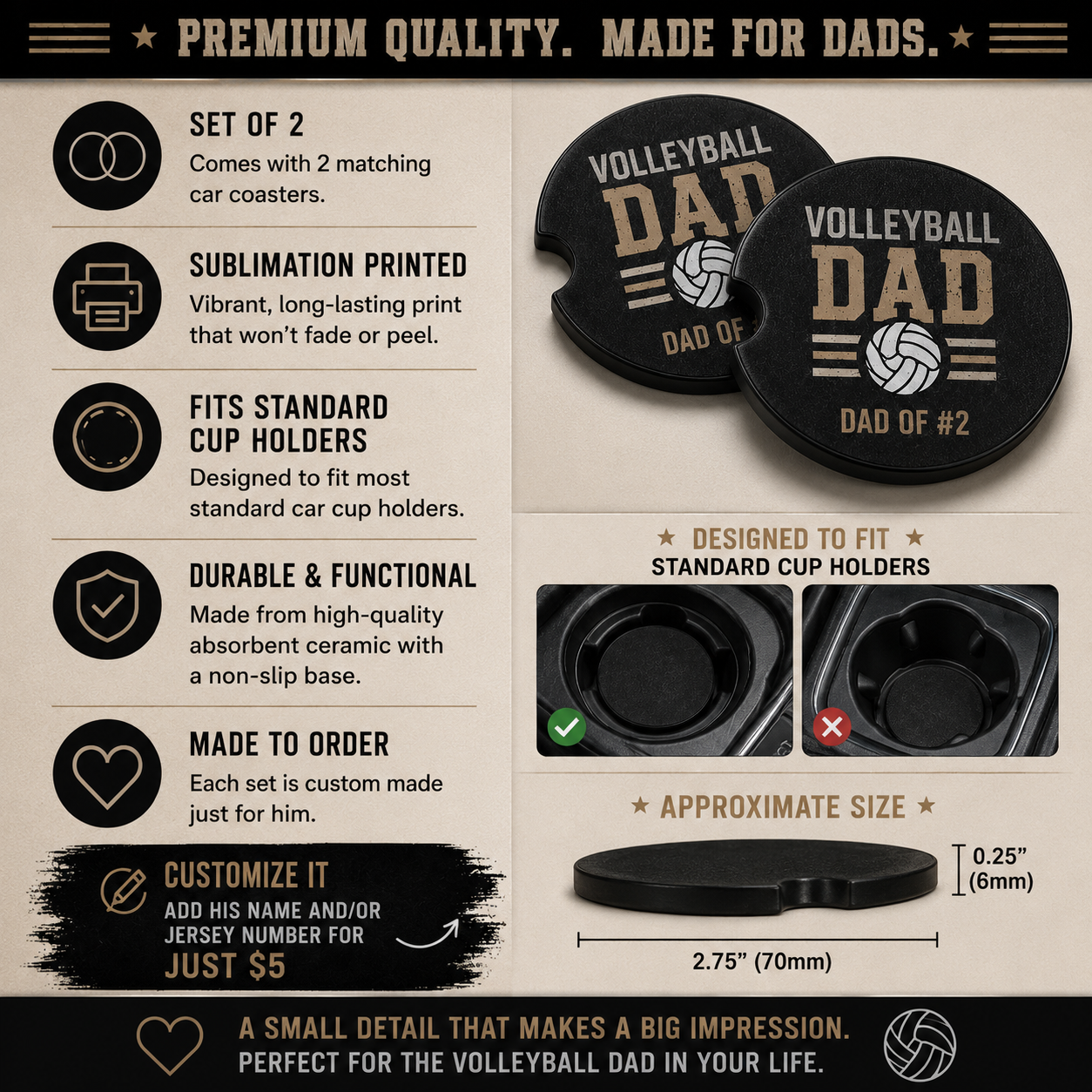 Sports Dad Car Coaster Set (2pk) | Personalized Dad Gift | Father's Day