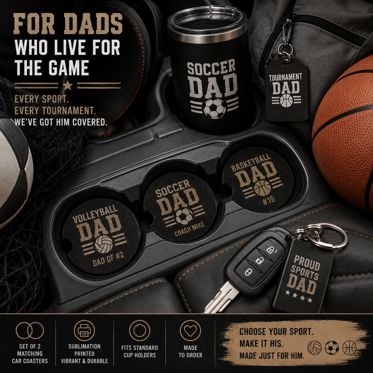 Sports Dad Car Coaster Set (2pk) | Personalized Dad Gift | Father's Day