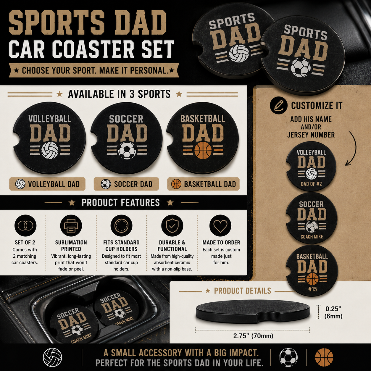 Sports Dad Car Coaster Set (2pk) | Personalized Dad Gift | Father's Day