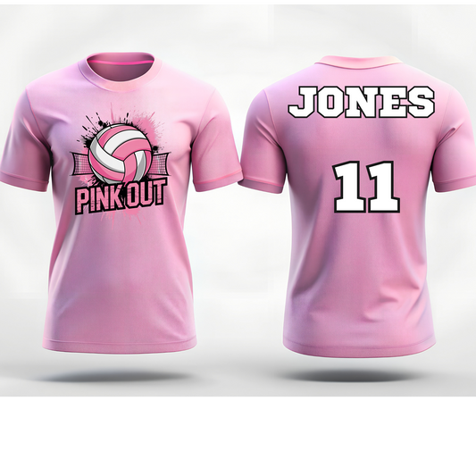 Front and back of Pink Out Volleyball Awareness Shirt in pink with volleyball splash design, customizable with name and number.