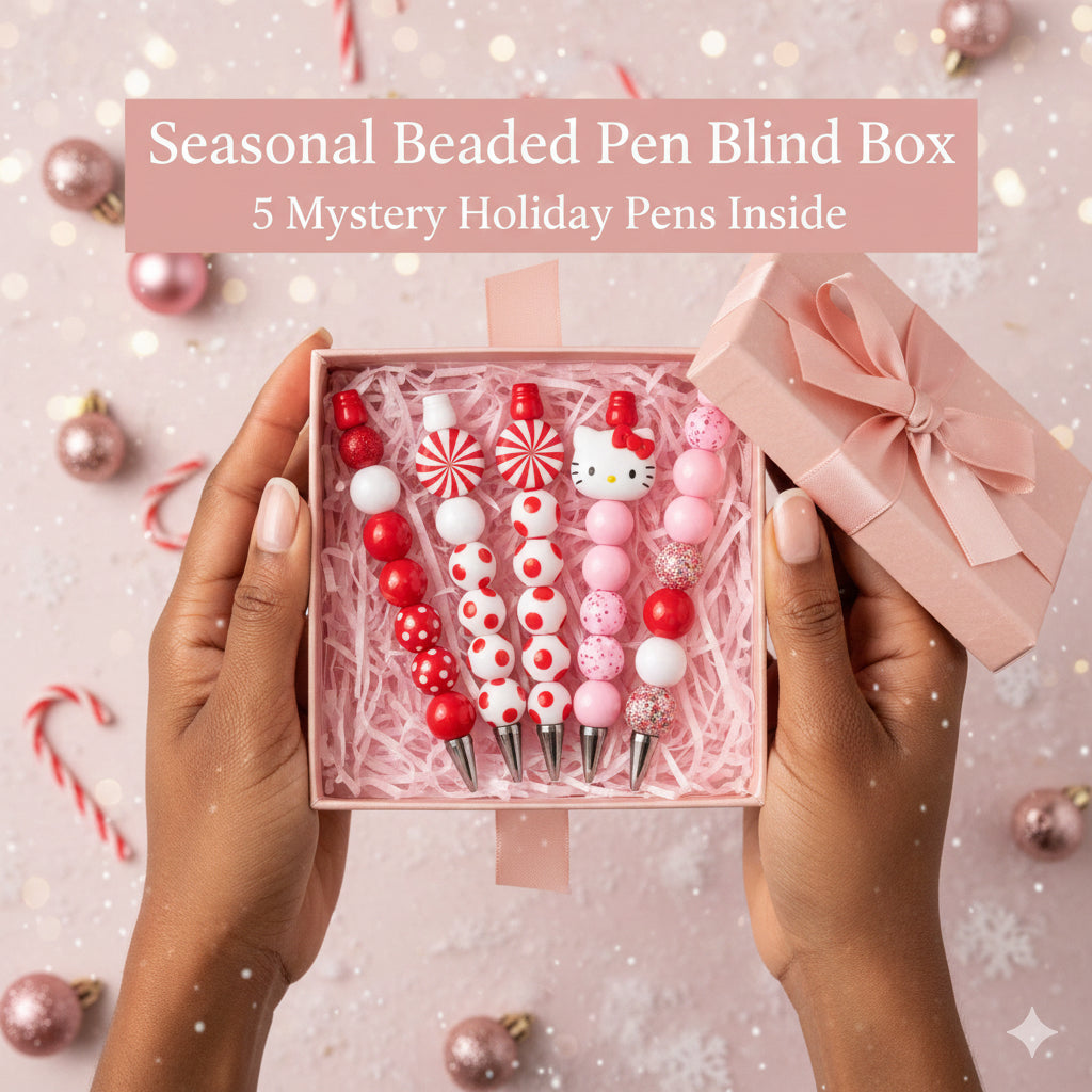 Handmade holiday beaded pens arranged for Christmas gift giving.