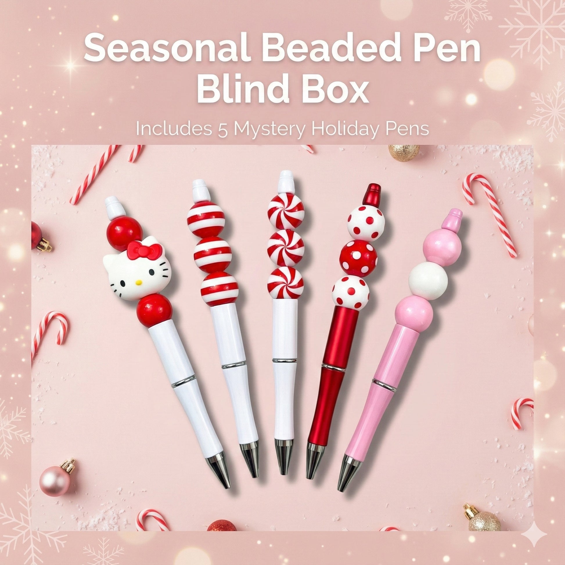 “Set of five holiday-themed beaded pens in festive Christmas colors.”