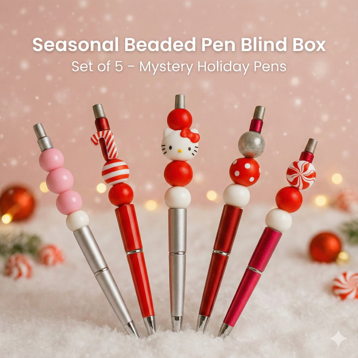 “Sugar & Stitch Designs mystery set of five holiday beaded pens.”