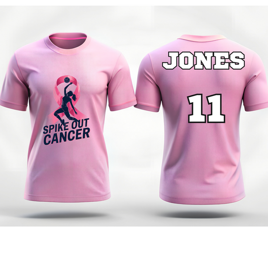 Front and back of Spike Out Cancer Volleyball Awareness Shirt in pink with volleyball ribbon design, customizable with name and number.