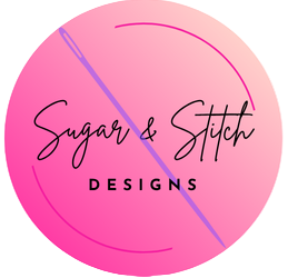 Circular logo with 'Sugar & Stitch Designs' text on a pink background