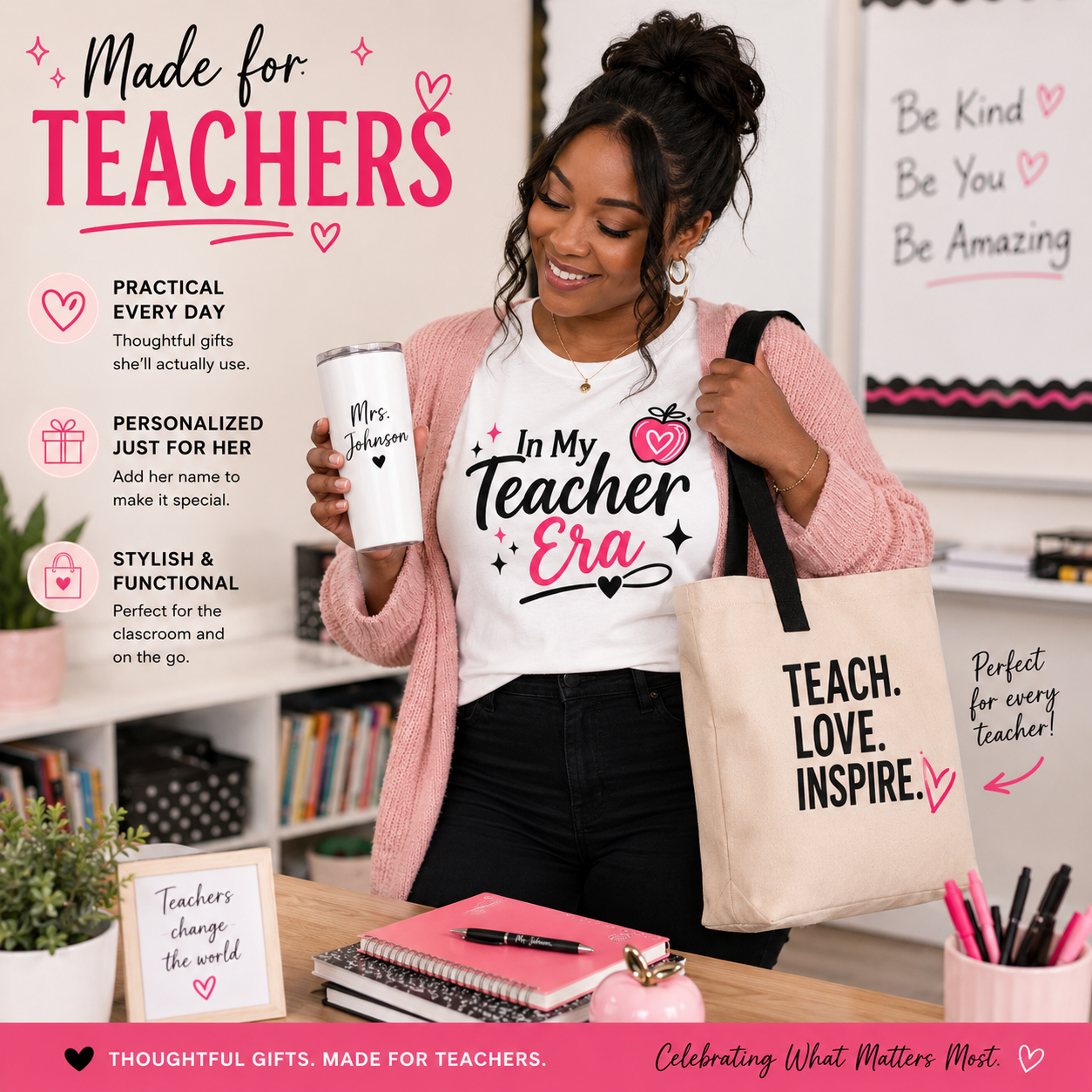 Personalized teacher gift set with custom shirt tumbler and tote bag for back to school 2026
