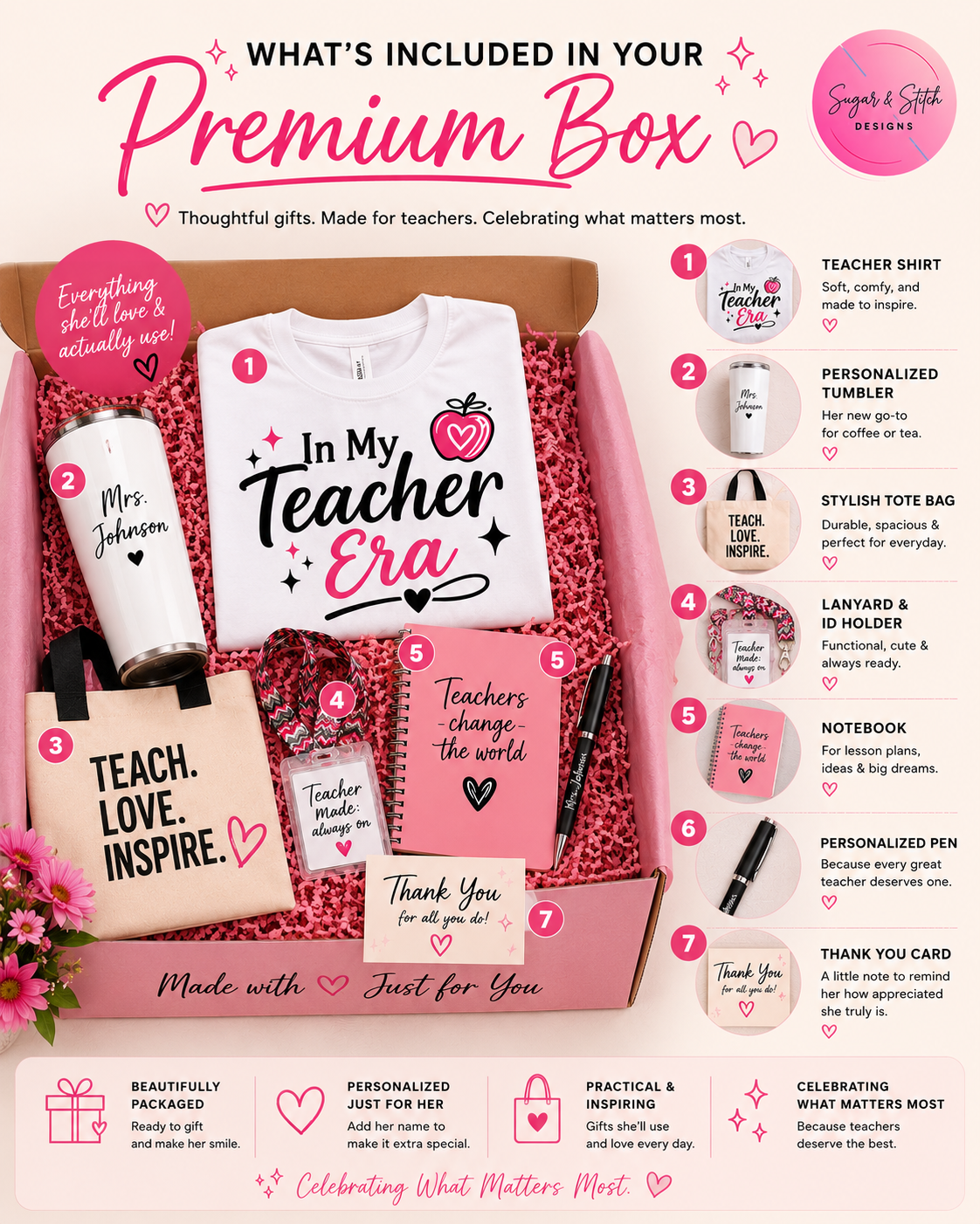 Premium Teacher Starter Box whats included personalized shirt tumbler tote lanyard pen notebook