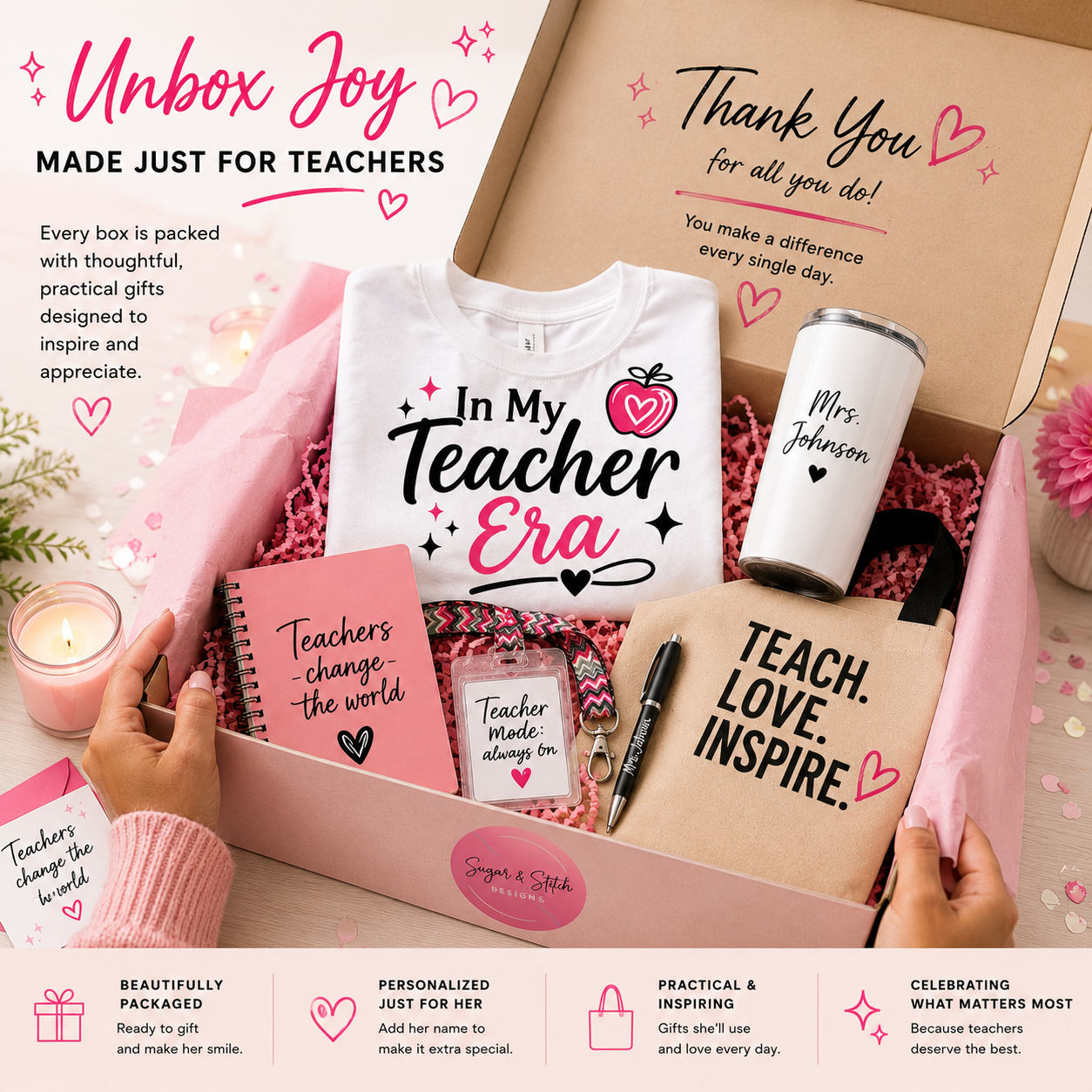 Teacher Starter Box unboxing personalized back to school gift set by Sugar and Stitch Designs
