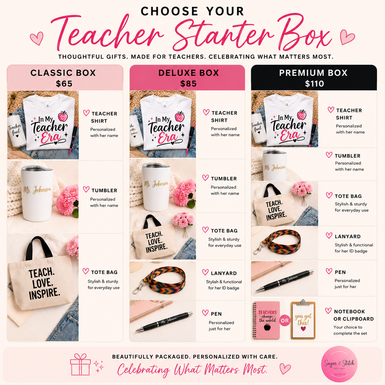 Choose your Teacher Starter Box Classic Deluxe or Premium personalized teacher gift set