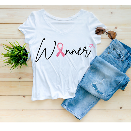 Winner – Breast Cancer Awareness T-Shirt with Pink Ribbon