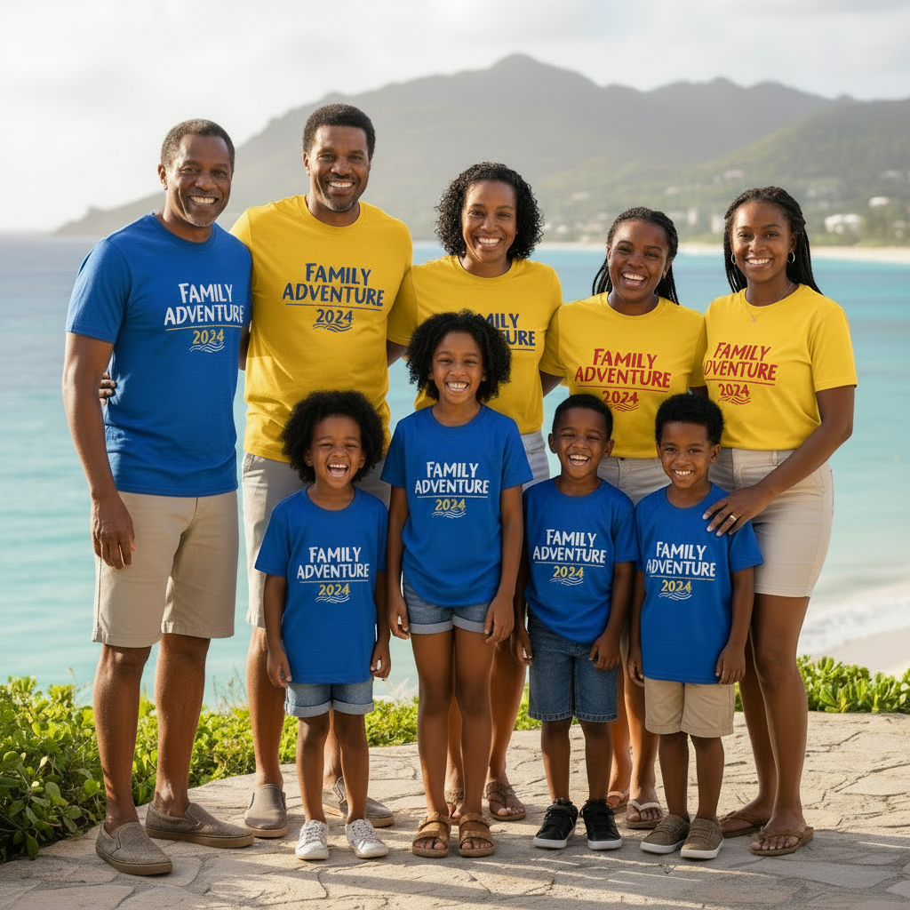 African American family all in matching bright yellow family trip shirts