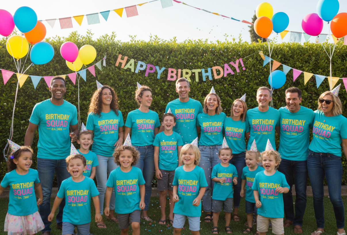 Birthday group in matching t-shirts
