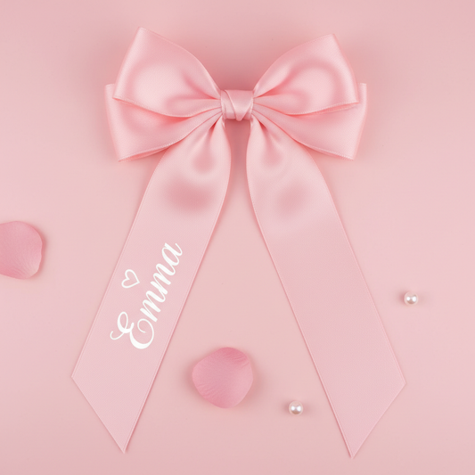 Blush pink ribbon bow with Emma personalization