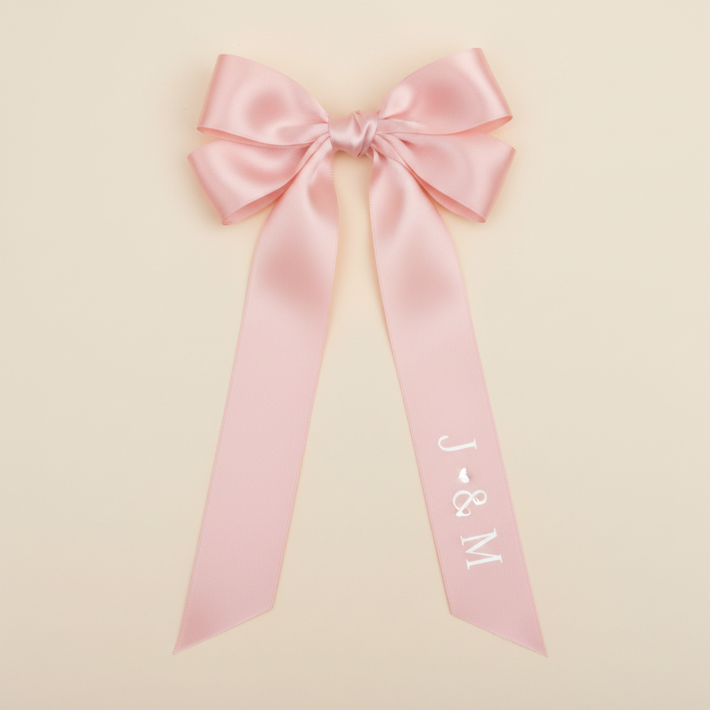 Blush pink ribbon bow with initials personalization