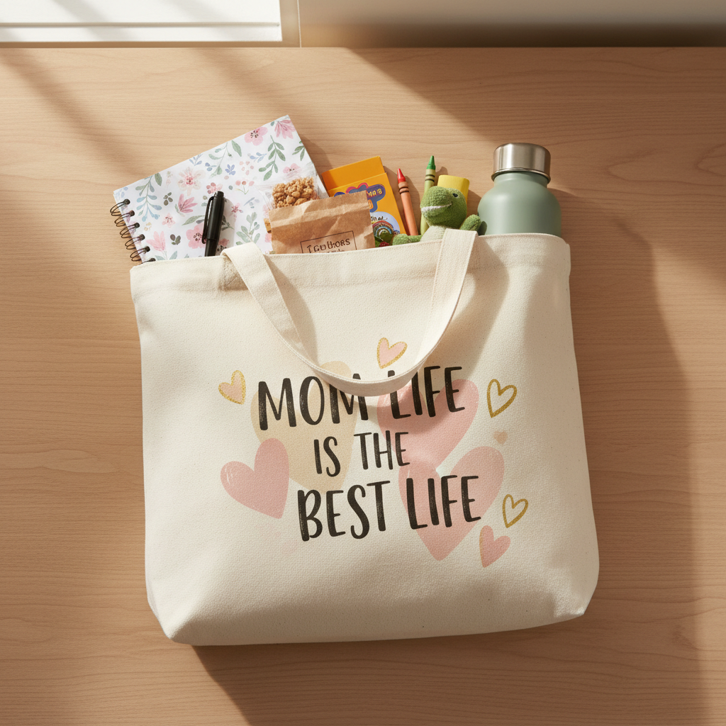 Canvas tote filled with notebook, snacks, water bottle and kid items with custom design